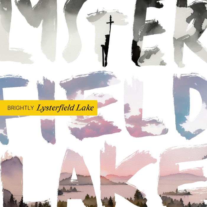 Cover art for Lysterfield Lake, with masked letters over illustrations of a lake and clouds
